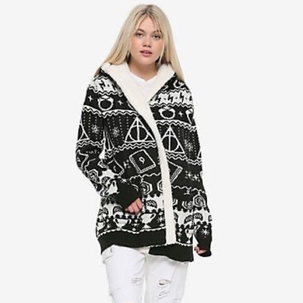 Harry Potter Horcrux Fair Isle Sherpa Open Front Hooded Cardigan Size XL